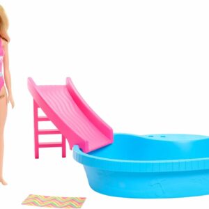 Barbie - Dukke og pool legesæt med rutshebane og accesories (HRJ74)